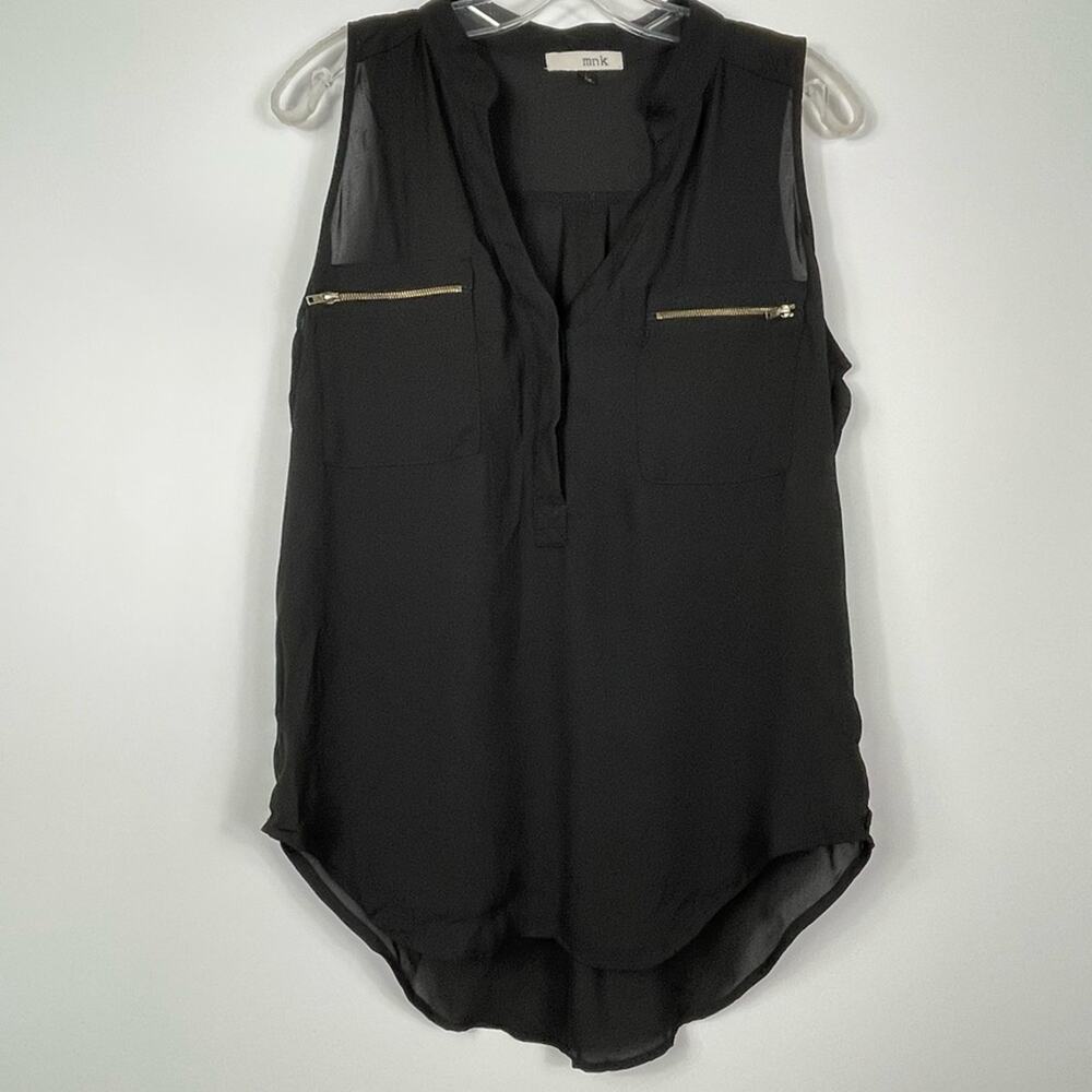 MNK Women's Chiffon Sleeveless Button Up Blouse Black Gold Zippers Large